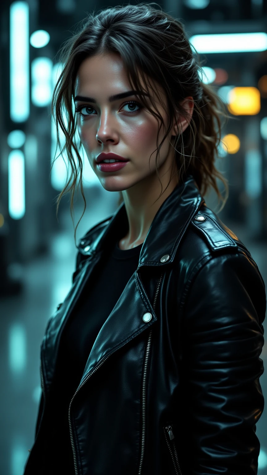 strong woman,TEMINATOR STYLE LEATHER JACKET,casual outfit,SHOTGUN WEAR,Futuristic architecture,4K,very detailed,photorealistic,HDR,professional-grade,Vivid Colors,EXTREME DETAIL DESCRIPTION,character portrait,SF