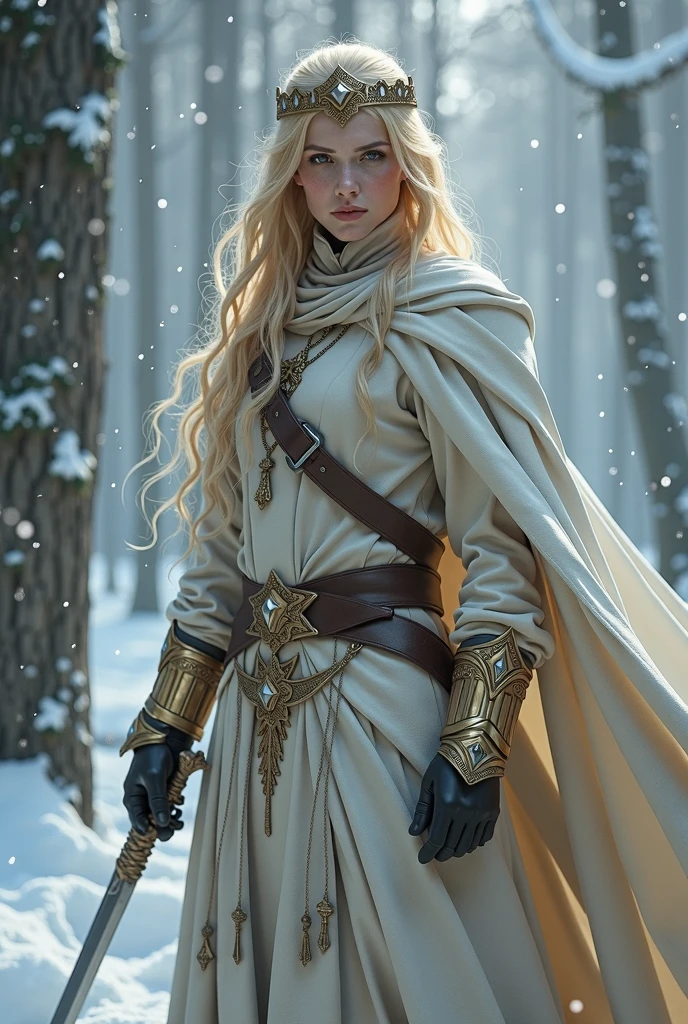 male elf, young, very long golden hair, sorcerer, swordmage, pale, beautiful, holding short one hand sword, front image, armored robes, cloak, crown, noble, ice forest