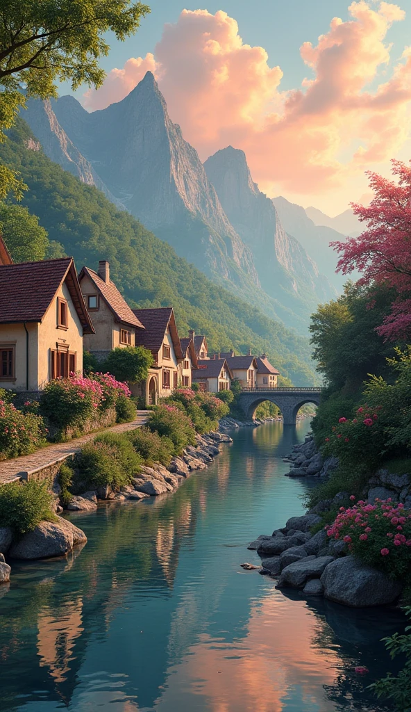 a small village by the river, mountains in the background, floral flowers colorful, detailed landscape, Beautiful natural landscapes, atmospheric lighting, scorching sunset, warm colours, practical, photopractical, Detailed Foliage, complex buildings, cobblestone street, Charming country house, swirly vibrant colors, lush vegetation, Still water reflections, Picturesque, idyllic, work of art, best qualityer, 8k, extremely detaild,anime styling