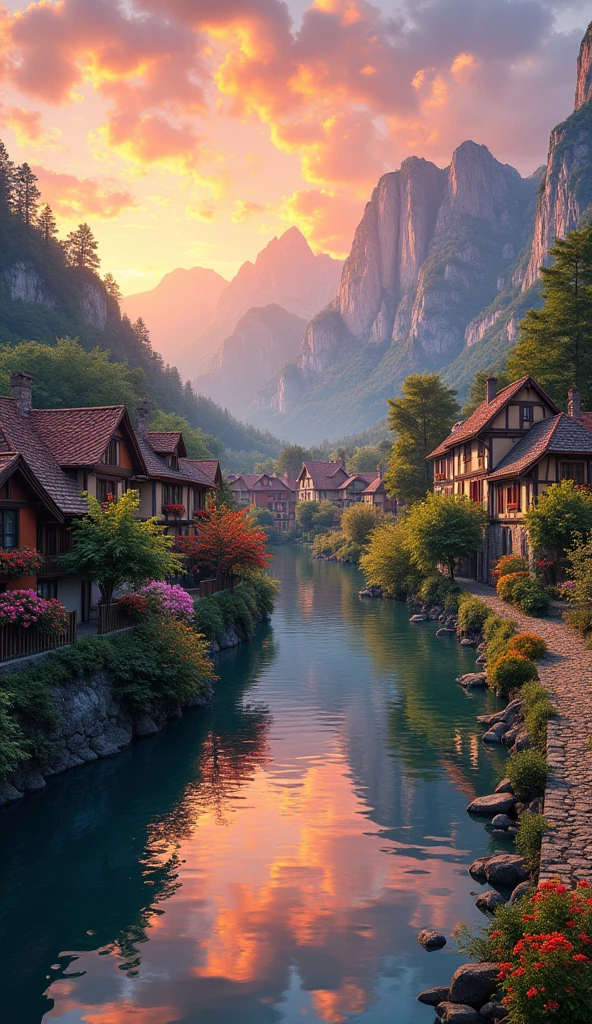 a small village by the river, mountains in the background, floral flowers colorful, detailed landscape, Beautiful natural landscapes, atmospheric lighting, scorching sunset, warm colours, practical, photopractical, Detailed Foliage, complex buildings, cobblestone street, Charming country house, swirly vibrant colors, lush vegetation, Still water reflections, Picturesque, idyllic, work of art, best qualityer, 8k, extremely detaild,anime styling