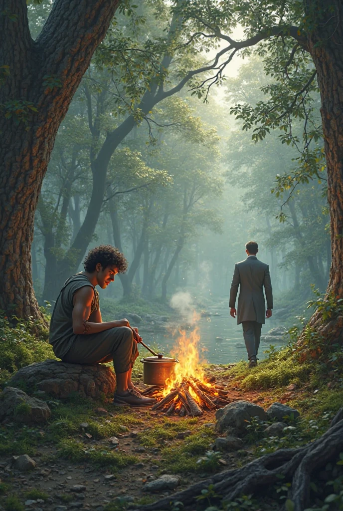 Once upon a time there was a young man who was in the woods cooking in a pot and a campfire and saw a gentleman coming