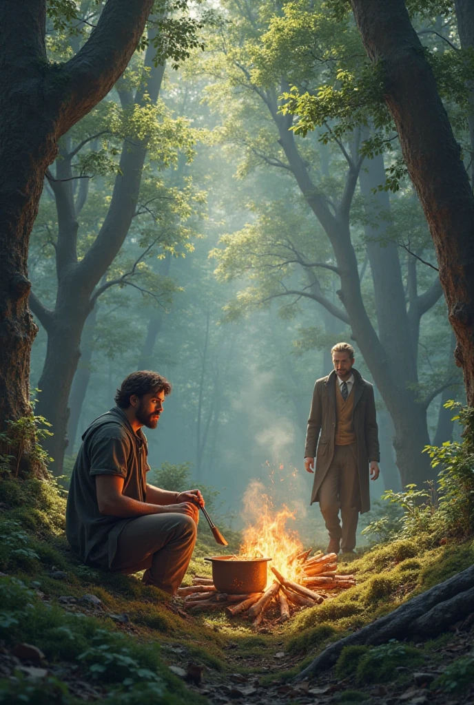 Once upon a time there was a young man who was in the woods cooking in a pot and a campfire and saw a gentleman coming