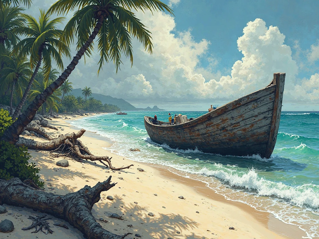 2. Yucatán Beach (shipwreck) But how do I draw, I don't want it to have color
Estilo: wild nature, ambiente de caos. Elements for the cardboard:

rough sea weather (you can use dark blue and white tones in the form of waves).

Sand in shades of beige and objects “swept by the sea” (boat wrecks, woods, started).

Palms tilted by the wind.

A hidden or stormy sun to give drama.