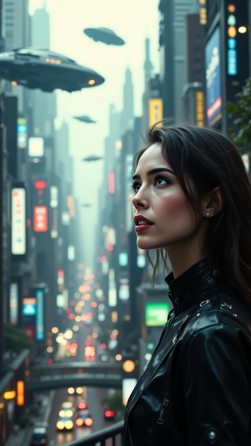 A woman lives in a futuristic city with spaceships flying in the air, A train that travels through the air, A spaceship floating high, Futuristic Woman You Can't See in Real Life,Detailed facial description,graceful posture,Curious Expression, Mysterious Strength ,Future cityscape,Levitation Train,Spaceship Corps,Future Beyond Reality,high res,Realistic,Attractive,Fantastic,Conceptual Art,digital art,4K,HDR,Vibrant Color,precise description