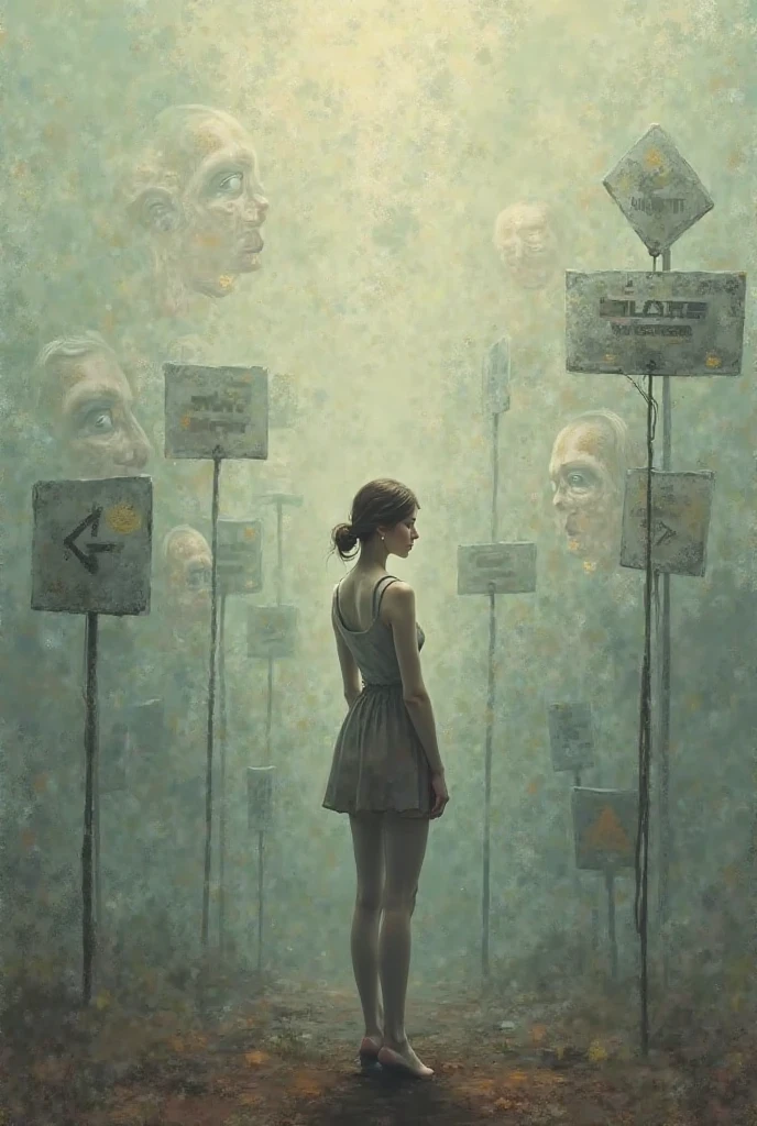 Chapitre 3 — Ce besoin constant d’approbation

Illustration : Une femme debout au milieu de pancartes avec des flèches contradictoires, entourée de visages flous qui chuchotent.