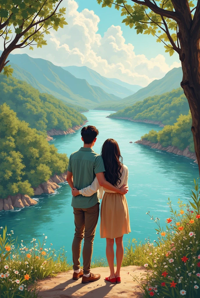 Create a image of couple enjoying the view of river