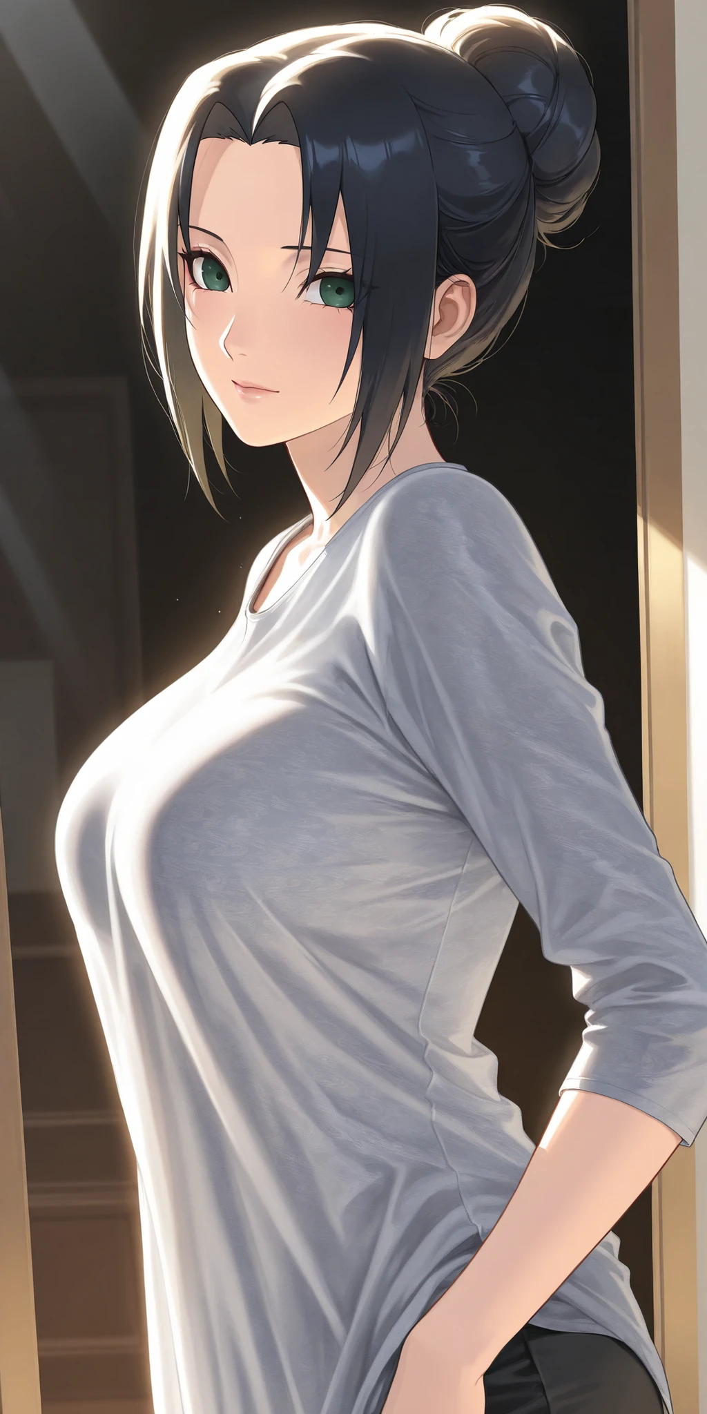 (best quality,4k,8k,highres,masterpiece:1.2),ultra-detailed,(realistic,photorealistic,photo-realistic:1.37),portraits,sexy,cute,woman,short black hair,bob style,beautiful face,plump face,seductive blue eyes,medium nose,deep pink blush,glossy red lips,smiling,long neck,visible collarbone,white t shirt,black graphics,shiny black pants,wooden wall,natural lighting,intimate moment