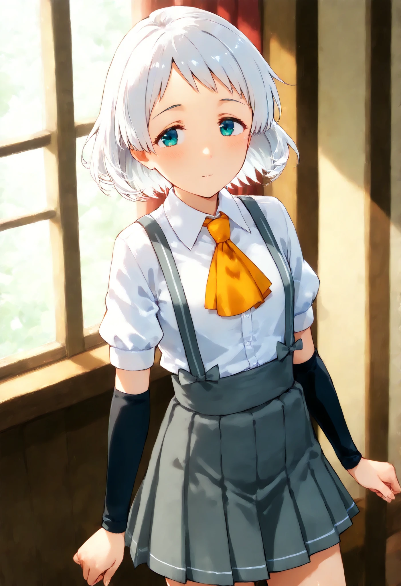 Natsugumo KC, white hair,short hair, white shirt, Short sleeve, pleated skirt,collared shirt, dress shirt, suspenders, Grey Skirt,Arm Warmers, suspendersスカート, Orange Ascot ,