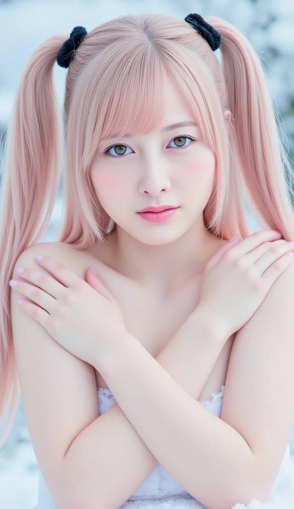(8k, 4k, best quality, highres:1.2), (maasterpiece, realistic, photo realistic:1.37), 1girl, solo, beautiful face, eyelashes, nose, glossy lips, (detailed eyes, looking at viewer, fair skin, white skin:1.5), fine complexion, upper body,
large breasts, busty,, (nude:1.5),
outdoor onsen,
two side up, absurdly long hair, blonde hair, pink hair, bangs, hair ornament, bow,
younger, aged down,