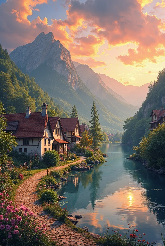 a small village by the river, mountains in the background, floral flowers colorful, detailed landscape, Beautiful natural landscapes, atmospheric lighting, scorching sunset, warm colours, practical, photopractical, Detailed Foliage, complex buildings, cobblestone street, Charming country house, swirly vibrant colors, lush vegetation, Still water reflections, Picturesque, idyllic, work of art, best qualityer, 8k, extremely detaild,anime styling