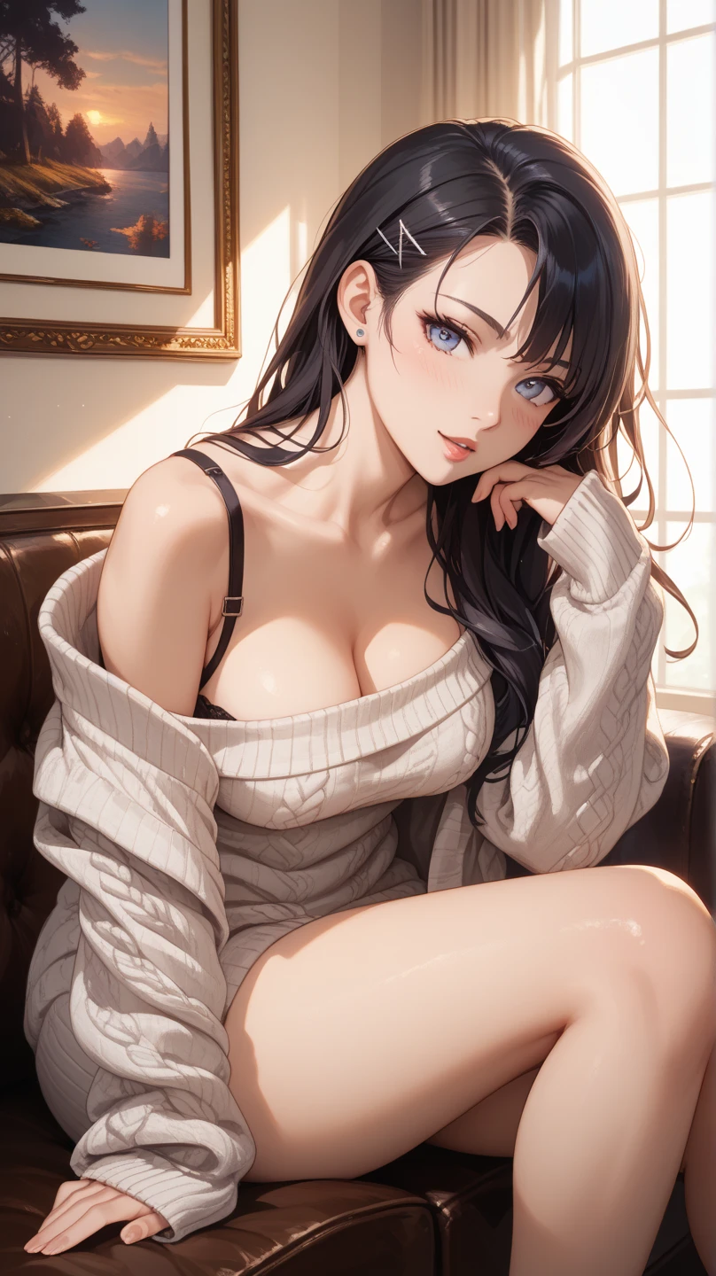 ((best quality)), ((masterpiece)), (detailed), 1girl. off-shoulder sweater. Bottomless. Black hair. Spread legs. Cleavage. Vagina. Bed.