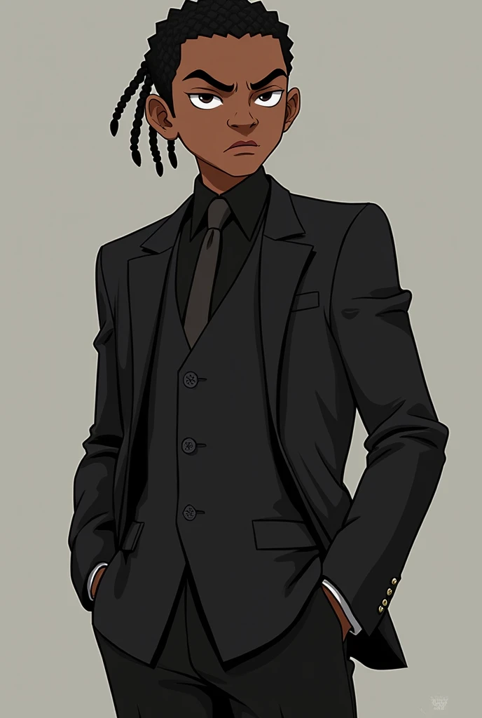Garçon africain tout le corps dans un style anime:1.2, Shaped with strength and sharp nails, Porter une veste africaine et un pantalon noir, In a dark environment with high contrast. gentle face, Dreadlocks bleu clair, style dreadlock cheveux., cute adorable 6 year old boy, There are no marks on the face, ssmile.