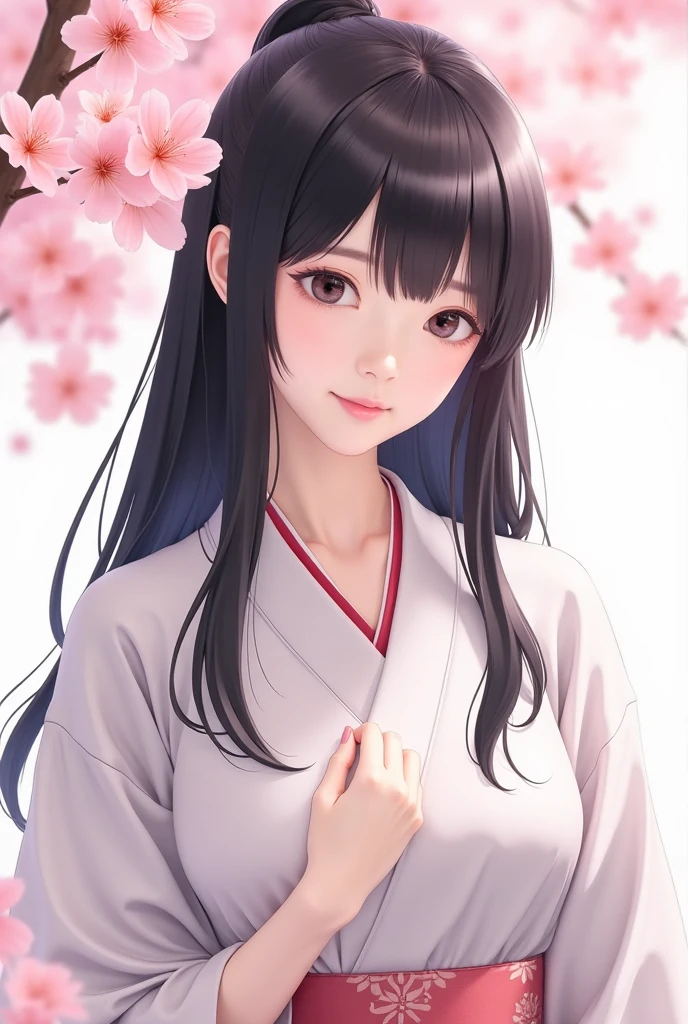 beautiful Japanese woman, clean and elegant appearance, clear fair skin, soft smile, long straight black hair, pure and natural, wearing a light pastel kimono with subtle floral patterns, standing under cherry blossoms, daylight, spring atmosphere, peaceful expression, minimal makeup, anime style, highly detailed, trending on pixiv, masterpiece, ultra high resolution, 8k

