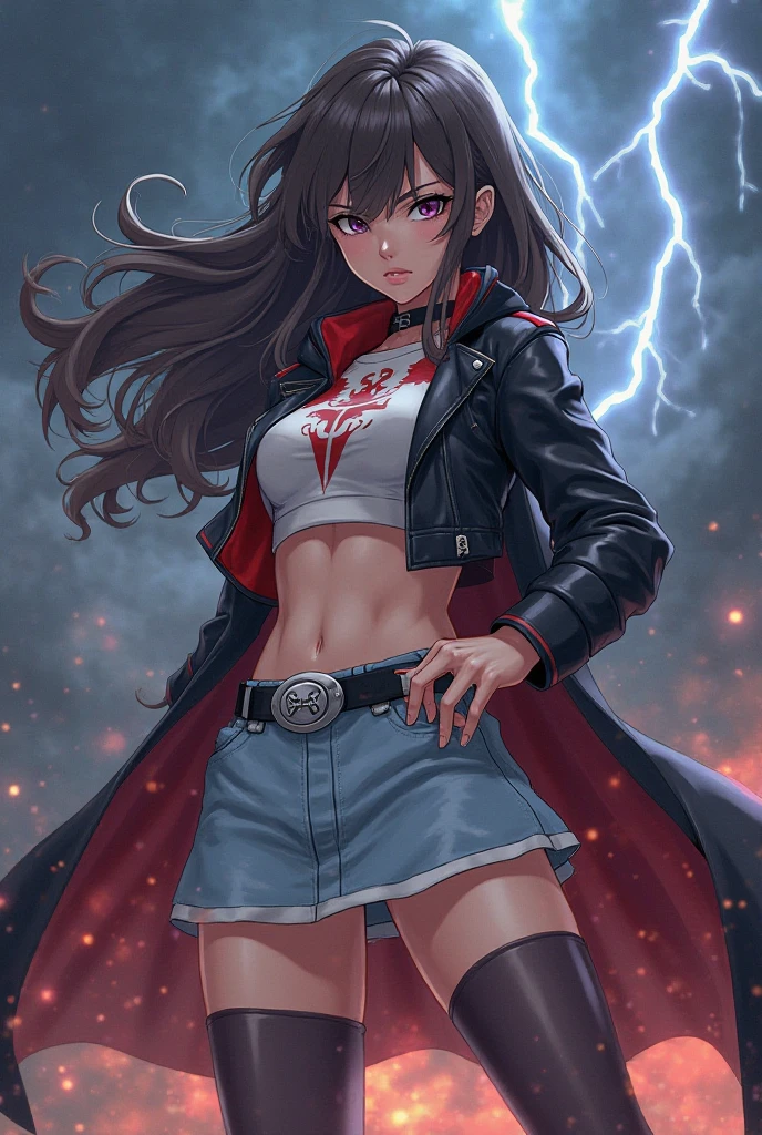 female 20yo by Nishiide Kengorou, Desert nighttime setting, midnight atmosphere, attractive, muscular and curvaceous body, full body, wielding chaotic purple lightning, dark light