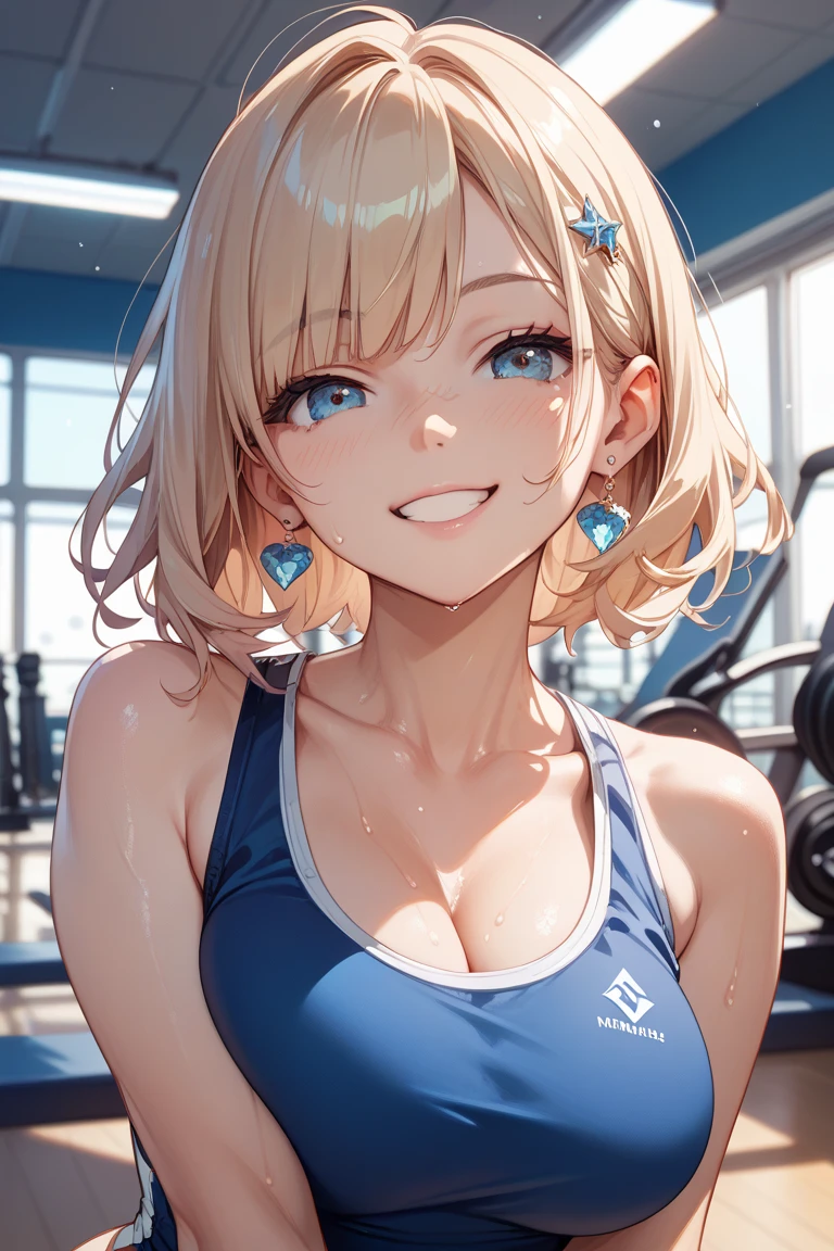 Sexy fitness instructor, 1 Female, Athletic Wear:1.2, Clean clothes, (Blonde, Berry Short Cut, Light blue eyes), smile:1.3, Beautiful eye color, Pose looking from above, View from below, Yoga Mat, Training Equipment, Sexy pose, Cinematic lighting, dramatic colors, Chiaroscuro, elegant, Elegant, Sensual beautiful detailed athletic woman, living room, Detailed room interior, Nasty, Alluring, (Highest quality:1.2, 4K, 8k, Very detailed, Attention to detail, masterpiece:1.2, Best aesthetics),