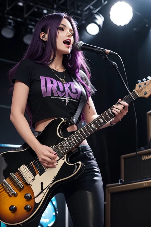 chica rock star , black shirt, pantalon roto, purple hair singing in concert
