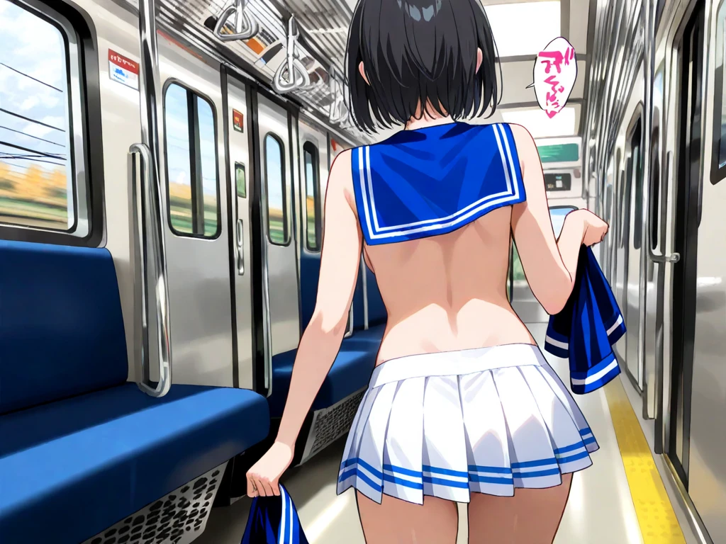 (Perfect body),Best Quality,16 K,(Lori)、((blush)),(Short hair), (((Orange Eyes))),thick thight,((((Pink hair)))),Standing,Sweat,flabbergasted,(((small tits))),Big ass,cowboys_shots,((((Wavy Hair)))),Ahoge,hair clips,(((a miniskirt))),(((School uniform))),(white knee-socks),((Big ass)),(((((Panchira)))))、(((Light blue striped panties)))、flat chest、(thick thighs)、blush、is standing,((( short in stature))),((((:o)))),(((((Wavy mouth)))))、(showing teeth)、(((Left arm up))),((((1girl in)))),(((pink bowtie))),((Spread legs))、On the train、(((posterior view)))、((From the back))