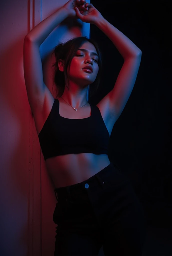 Portrait of a enigmatic woman with bird eyes and dark red lips wearing little top, standing in a dimly lit room, with a single beam of bright sunlight illuminating their face, black outfit with subtle white accents in a blurry dark background.