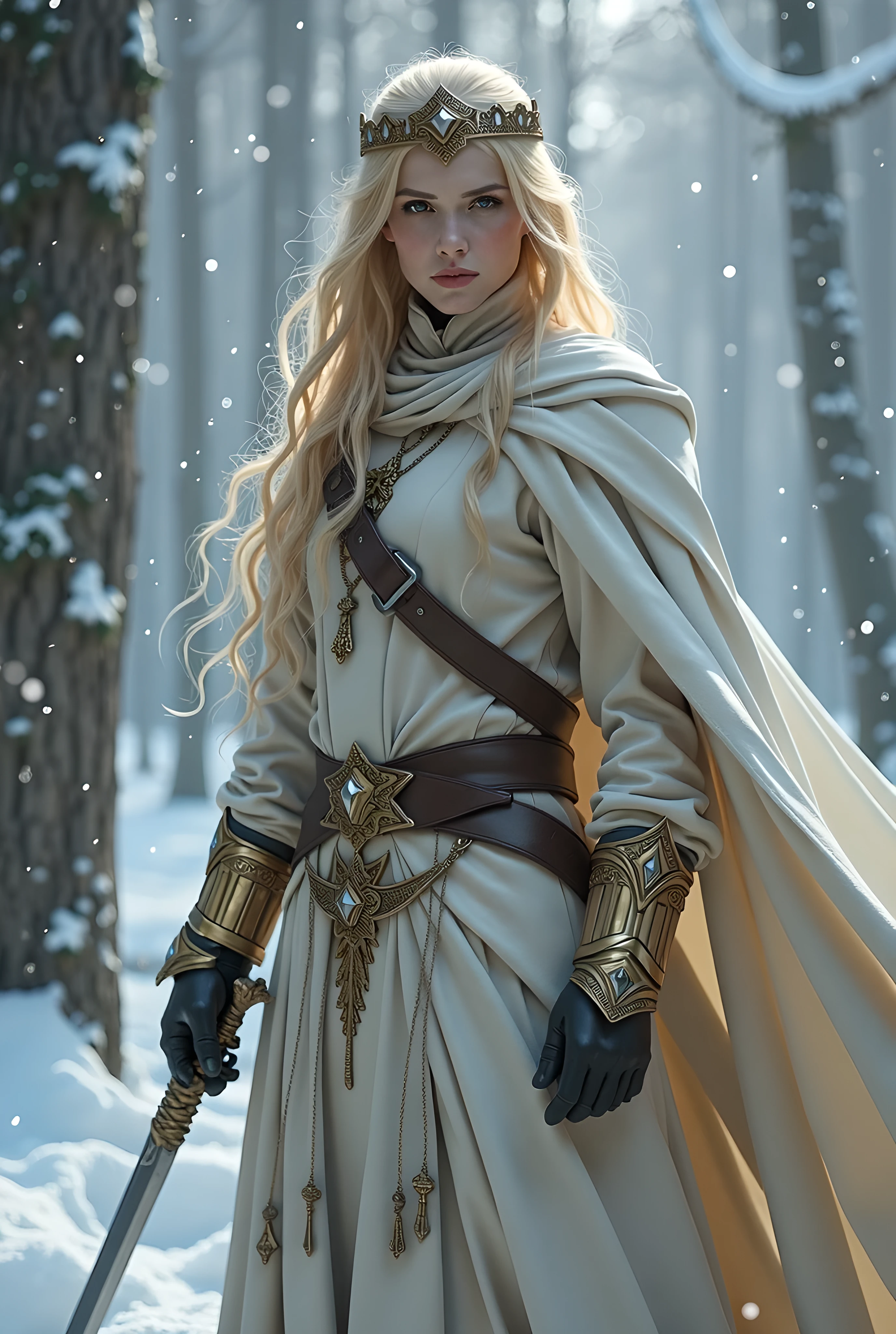 male elf, young, very long golden hair, sorcerer, swordmage, pale, beautiful, holding short one hand sword, front image, armored robes, cloak, crown, noble, ice forest