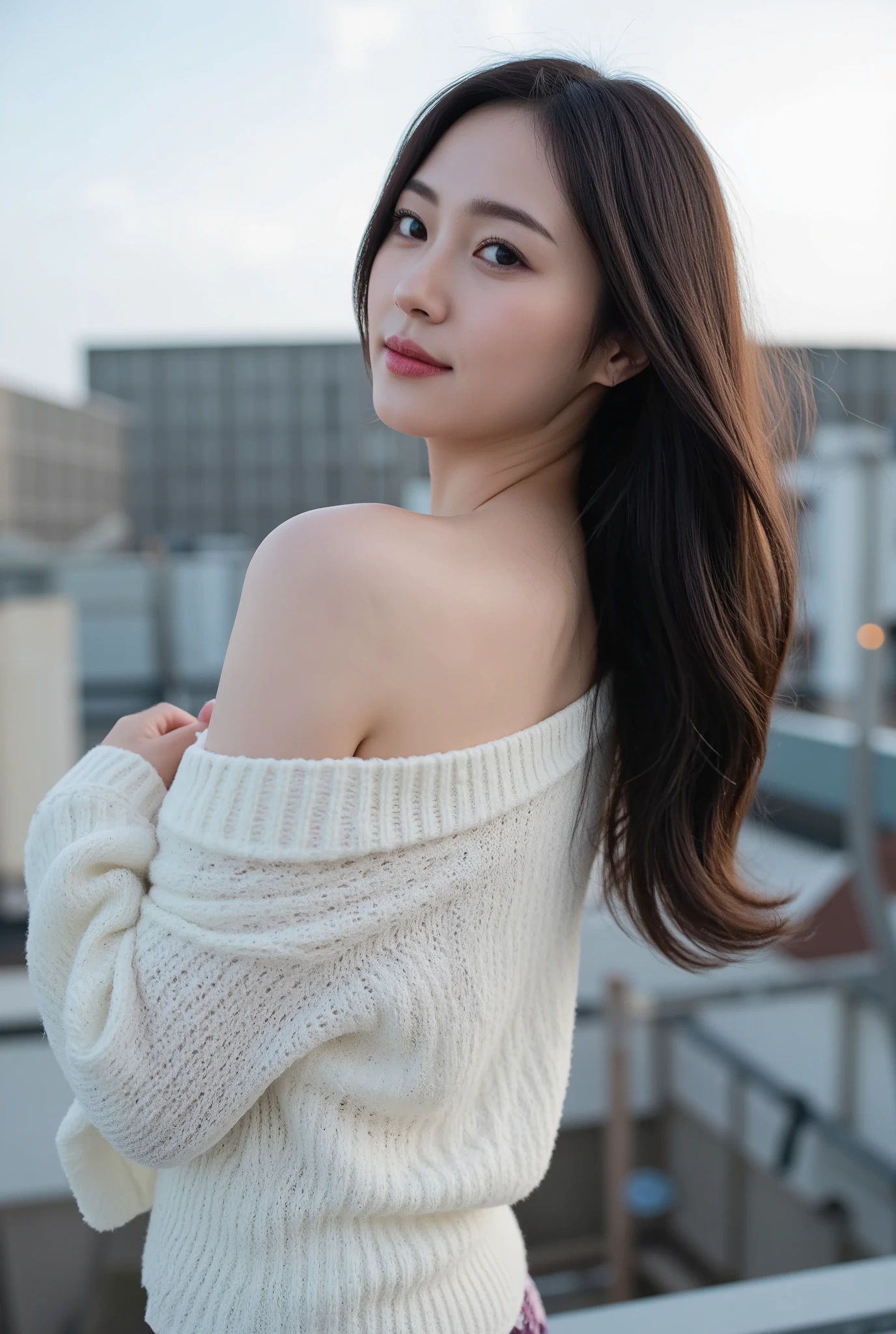 (mature adult woman wearing a leotard1By people),beautiful black hair,(((super straight hair))),((long hair)), realistic person images in dark waters,Realism,best quality,mastepeice,top quality,Max Video Quality,highest resolution,Fine Details,Beautiful detailed face,black eyes,((realistic skin)),detailed background,( Exact Upper Body),(perfect upper body),(upper body),((Realismのある肌)),(smiles),((((super big )))),((((wearing a white sweater and looking at me up)))),((((on the roof of the building)))),((((Large breasts))),((((wearing neat clothes)))),(((outdoor))),(((wearing a long skirt with a floral pattern))),((((on the roof of the building立っているで)))),(((large size breasts))),(((They're staring at me nearby))),((((Emphasize the upper body)))),