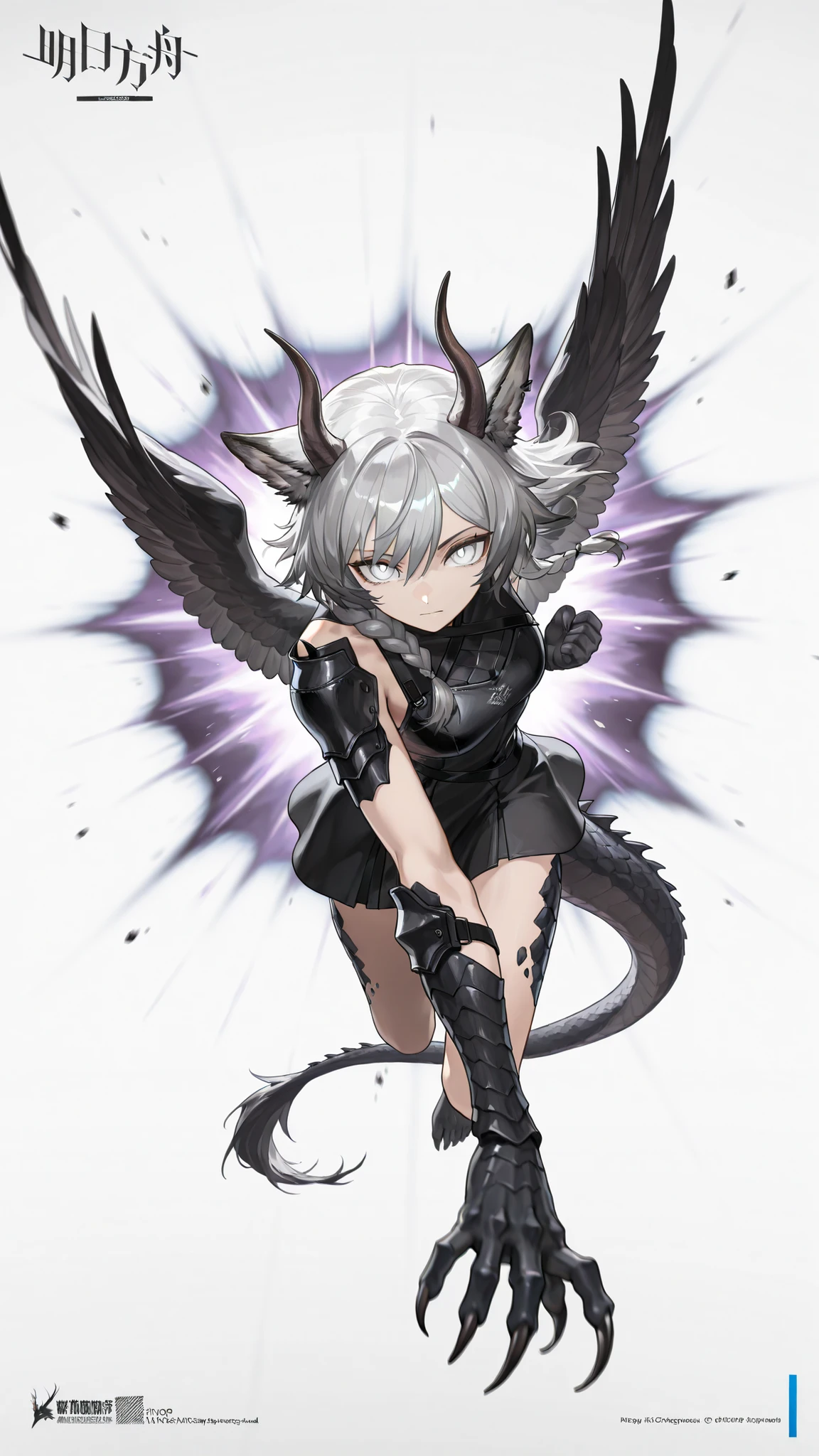 by [arknights|(748cmstyle:0.5)], god rays, cinematic shot, mature, young adult, masterpiece, best quality, amazing quality, very aesthetic, high resolution, ultra-detailed, absurdres,
(1girl, solo:0.55), alone,(dynamic pose, upper body focus, action shot, three quarter view, dynamic shot, movie wallpaper, medium shot:1.2), HoSenti, medium hair, gray hair, braid, white eyes, (fallen angel, half wolf, half dragon, mutated skin, sharp claws, armored skin, asymmetry, asymmetric mutation:1.14), (lappland:0.46), dragon scales, wolf tail, wolf ears, dragon horns, purple aura, dark feathered wings, biblical, daemonic, black laced short dress,  novuschroma79 style, glitch art photo, BREAK, depth of field, volumetric lighting 
 