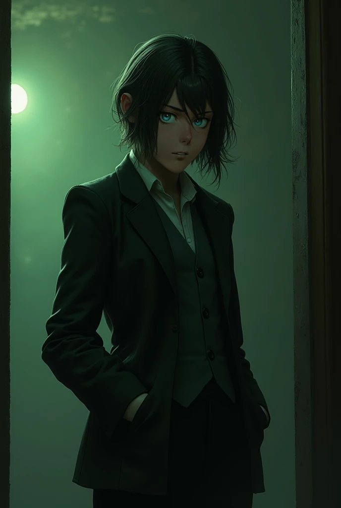 posing in the corner of dim lit room , right hand in pocket , left hand slightly stretched out as if offering , emerald eyes with a golden circle just round the pupil , a predatory gleam in eyes