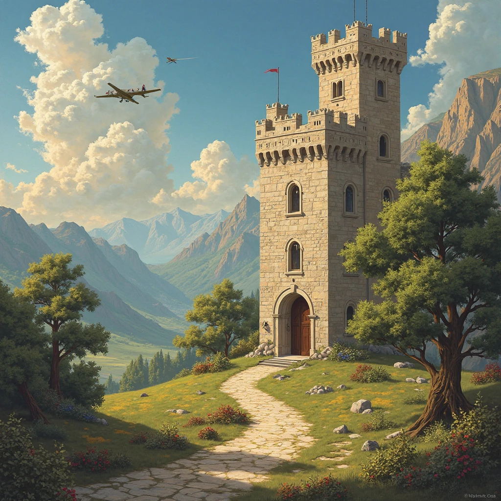 A medieval painting . It depicts:

1. A medieval castle with two floors, windows and a door.
2. A one plane flying in the sky.
3. The one sun with rays.
4. A tree with a round crown.
5. Mountains in the background.
6. The road leading to the castle.
7. The one car is on the road.