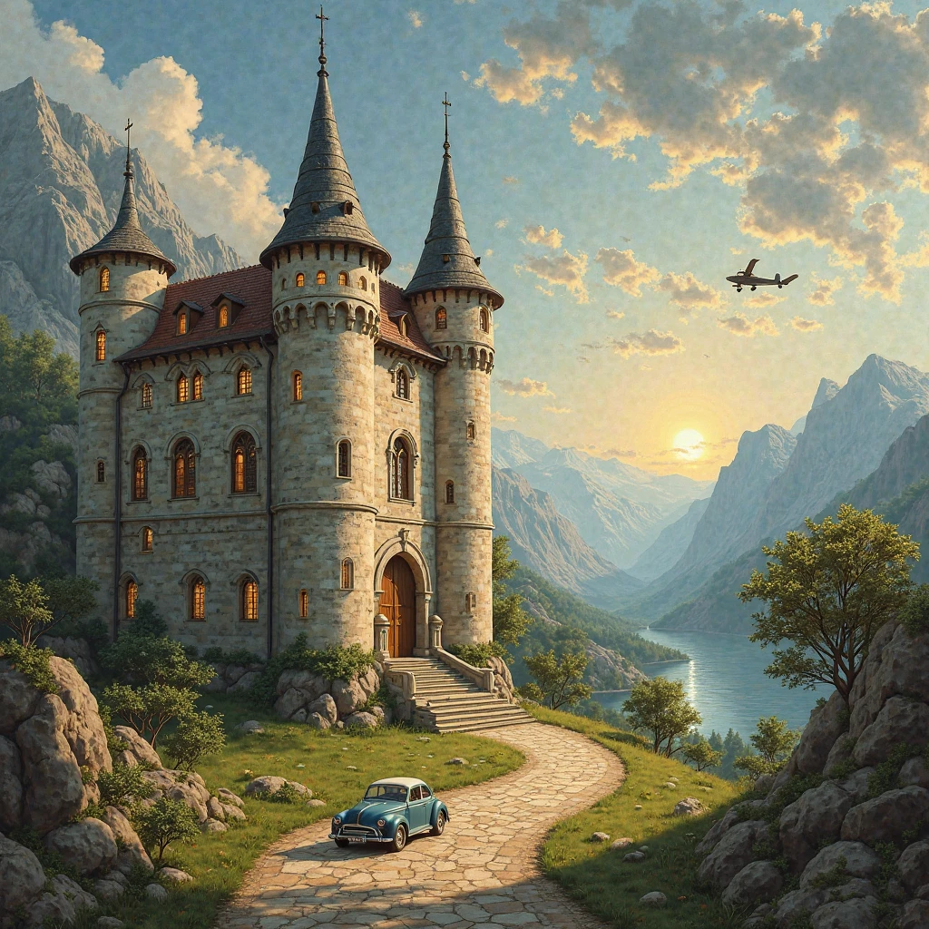 A medieval painting . It depicts:

1. A medieval castle with two floors, windows and a door.
2. A one plane flying in the sky.
3. The one sun with rays.
4. A tree with a round crown.
5. Mountains in the background.
6. The road leading to the castle.
7. The one car is on the road.