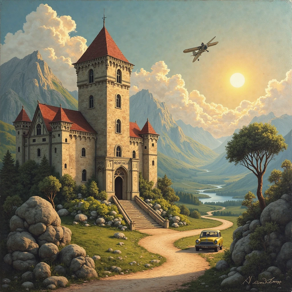 A medieval painting . It depicts:

1. A medieval castle with two floors, windows and a door.
2. A one plane flying in the sky.
3. The one sun with rays.
4. A tree with a round crown.
5. Mountains in the background.
6. The road leading to the castle.
7. The one car is on the road.