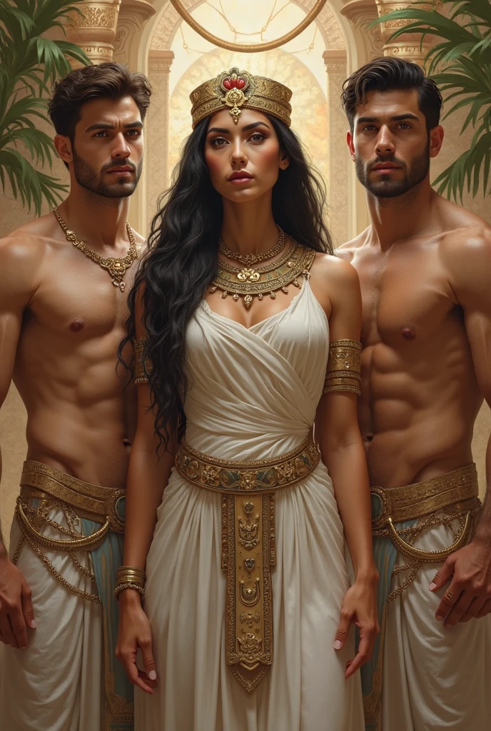 Déesse egyptian douce et belle  vanter par deux homme musclé 