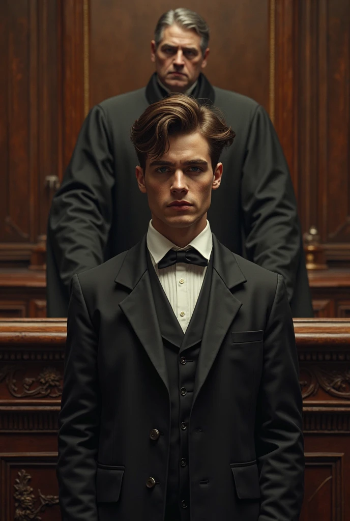 a well-dressed young man with brown hair and white skin in 1900 while being sentenced to death