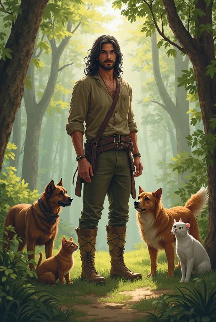 handsome man, long hair, rindo, raising dogs ,  raising cats in the forest