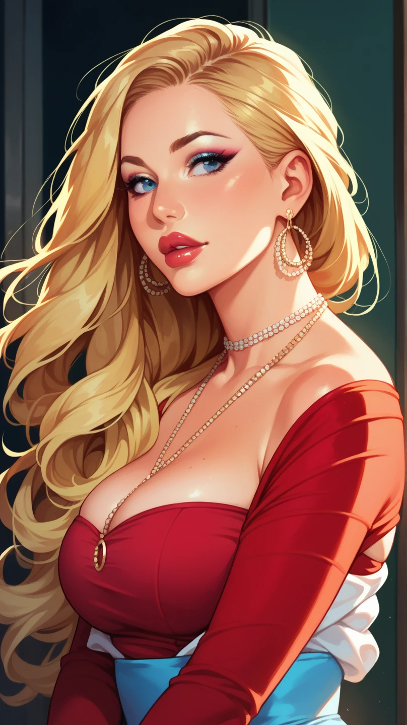 Create a highly realistic pin-up style image of a woman with blonde hair, dressed in a red dress with white polka dots, in a seductive pose