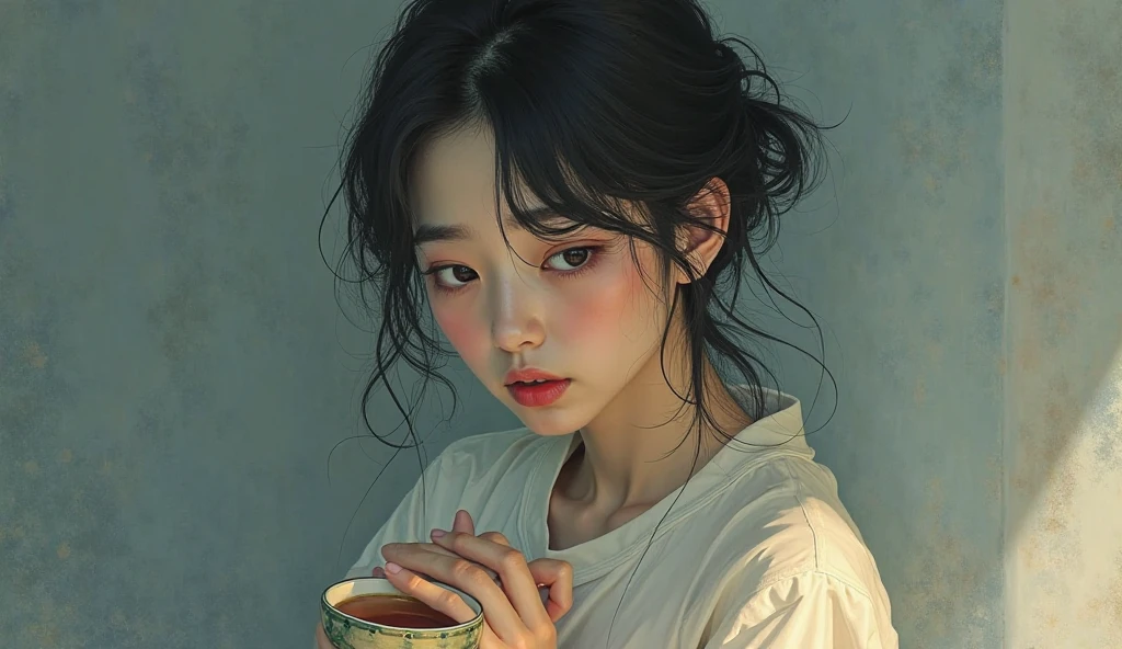 Illustration of a pretty Korean girl having a hard time breaking up