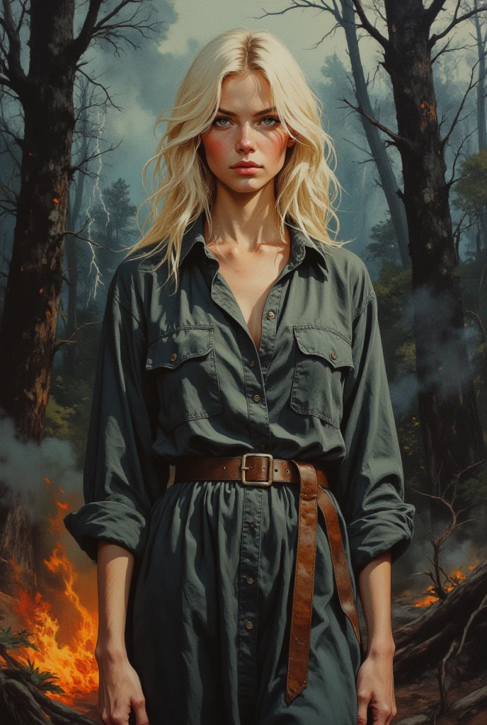 oil painting, ???? woman, 25 years old, blonde, shoulder length hair, dark gray history silk button-down shirt like dress, leather belt, watercolor background of a gloomy forest, black fog, dynamic pose, roaring magic around, fire on the ground, lightning in the sky, portrait, looking straight into the camera, large strokes, high quality details