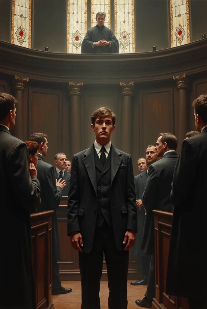 a well-dressed young man with brown hair and white skin in 1900 while being sentenced to death, painting style 