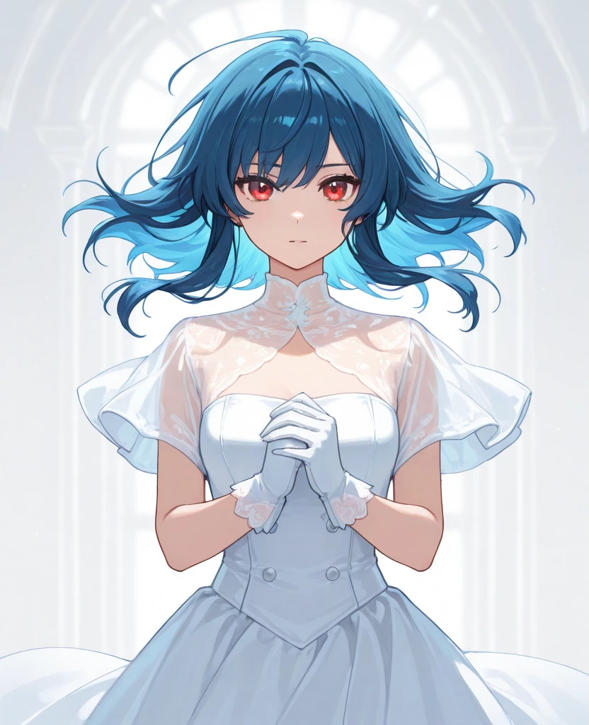 solo Tabletop High resolution Best image quality 8k Adult female Anime Style cuffs White maid outfit(Strapless)stockings blue wolf ears short hair((Shortcuts)(Blue Hair)(Perm)(fluffy)) blue eyes Attractive face((Laughter)(smile)(Open your mouth)) Are standing wave hands nobackground
