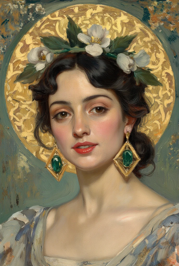 Woman portrayed:  She has fair skin, expressive eyes with striking lines and a Slight confident smile. Her lips are painted with a reddish tone.

Cabelo:  dark and wavy , tied in a loose bun with some locks falling softly. She wears a crown of green leaves and white flowers, which reinforces a natural and ethereal aesthetic.

accessories:  wear large earrings , geometric, with emerald green stones and gold frame, that attract a lot of attention and match the overall palette of the image.

Clothing: A dress with floral prints in soft tones, conveying a romantic atmosphere.

Fundo: A background richly decorated with an ornate golden disc behind the woman's head, referring to a halo, as in religious icons or works by Klimt. The base of the background is greenish, which harmonizes with the tones of the earrings And of the dress.