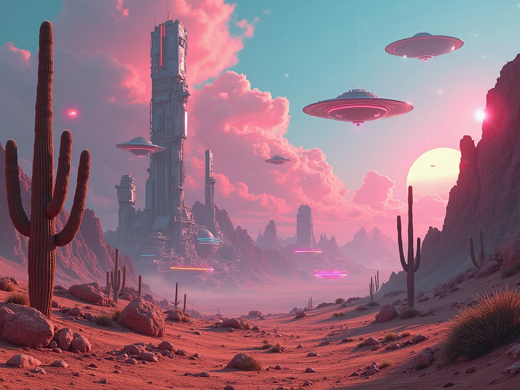 Mexican desert landscape mixed with a futuristic landscape in neon colors ,  Flying saucers flying 