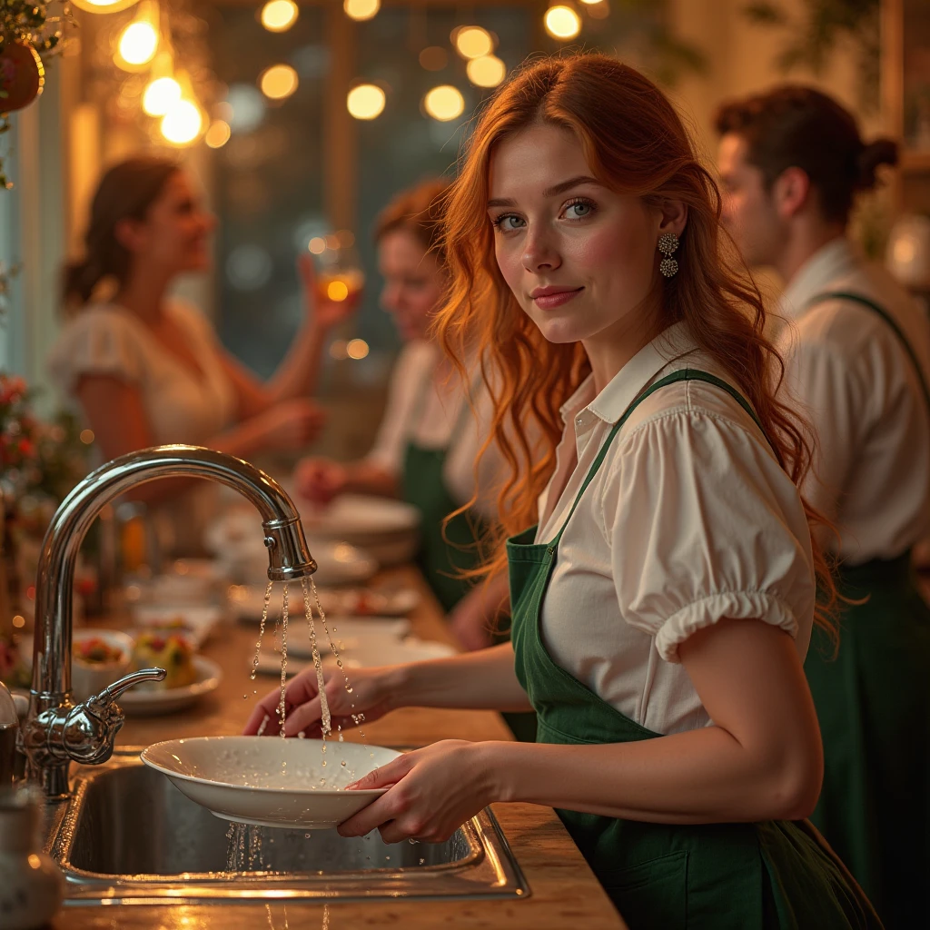 Realistic photo, beautiful young Russian girl washes plates, party in the background