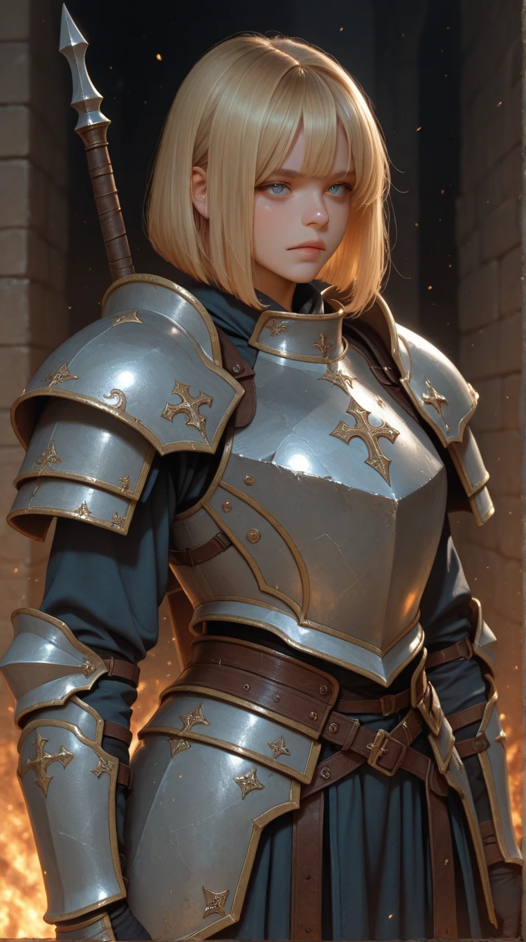 woman, short bob, blonde, armor, cowboy shot,