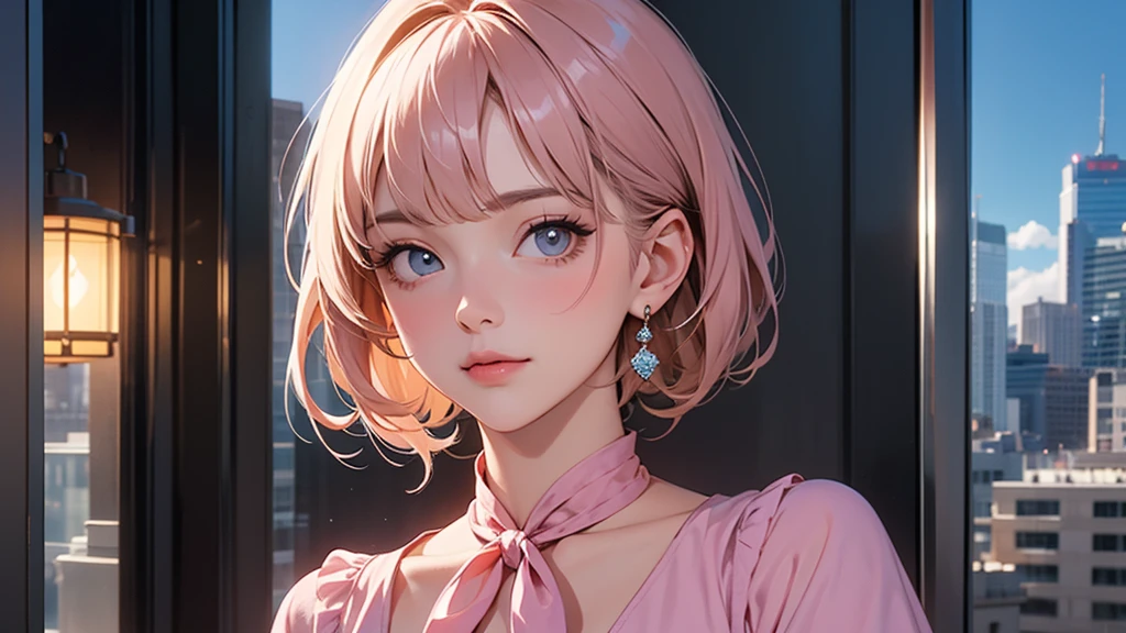 Bright daytime sky　Skyscrapers are illuminated by blue skies、The sky is clear、clouds are shining brightly above the cityscape。reflective window facing one person in the center captures the city lights。use a bright blue palette for the sky、(A woman, 1 woman), solo, solo focus　女性のFace Up写真　Face Up　Front facing face　adultsの女性顔　adultsの顔　Mature Woman　adultsの女性　With bangs　Pink Dressの服　Remove earrings　Remove earring　正面からのFace Up　one woman　Face Up　Pink Dress　中央にone womanが正面を向いているFace Up　adults　One Piece Dress　Exposing neck 　face up　A high-rise building with a　Outdoors