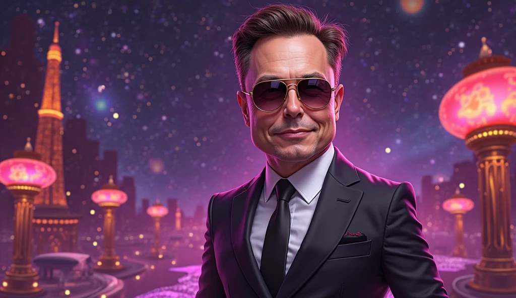 Une caricature d'Elon Musk casino theme，wear sunglasses purple orange casino，space background，space x，black suit，slot