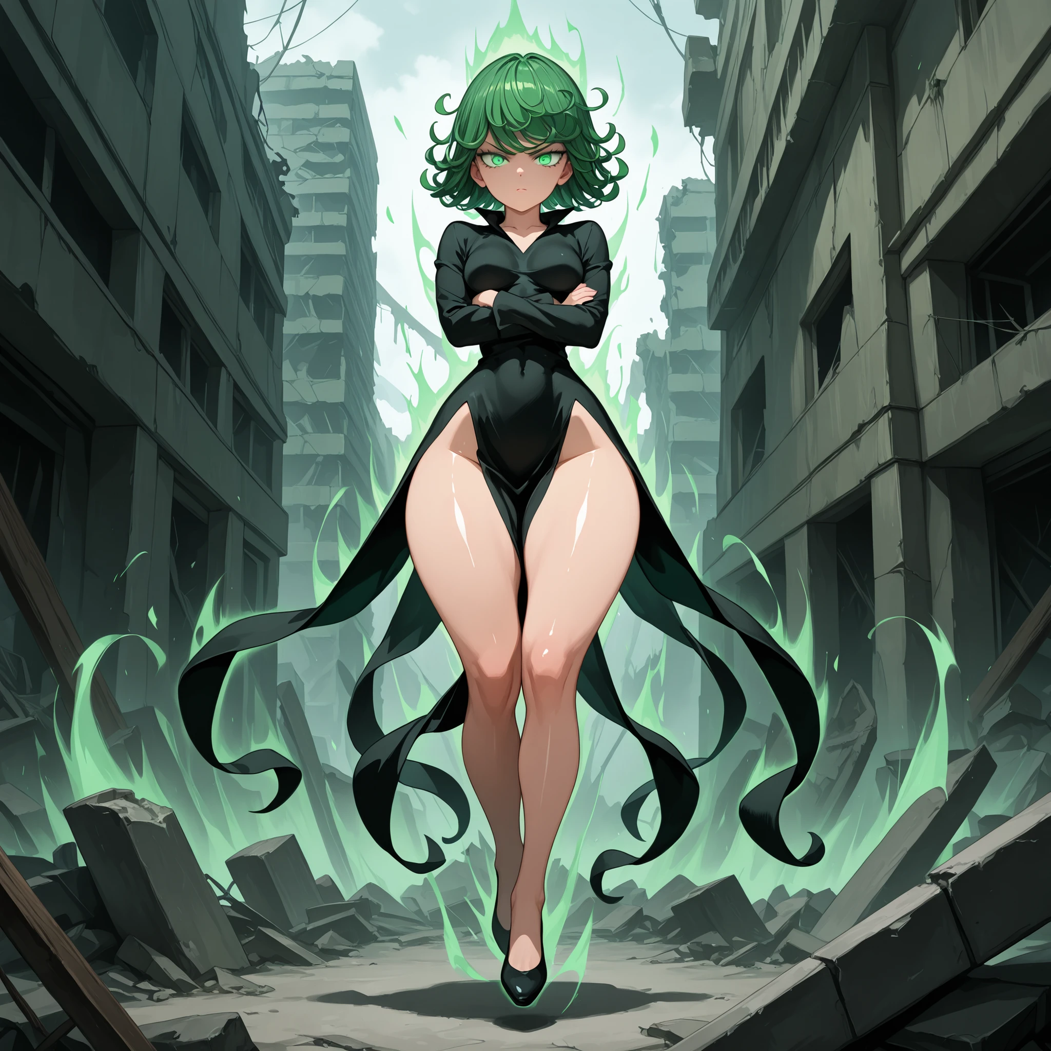 1girl, solo, zzTatsumaki, green eyes, green hair, medium breasts, narrow waist, wide hips, thick thighs, black dress, serious, glowing eyes, aura, crossed arms, full body, levitating, looking at viewer, ruins background, from the front view, high res, shiny skin