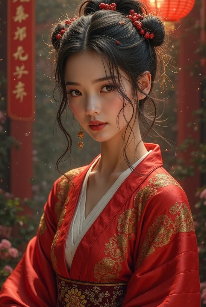 A cute woman、 Gold、twin tails、 red clothes、20th Generation、Exposed、Queen of the Underworld、Oriental style、Realistic、