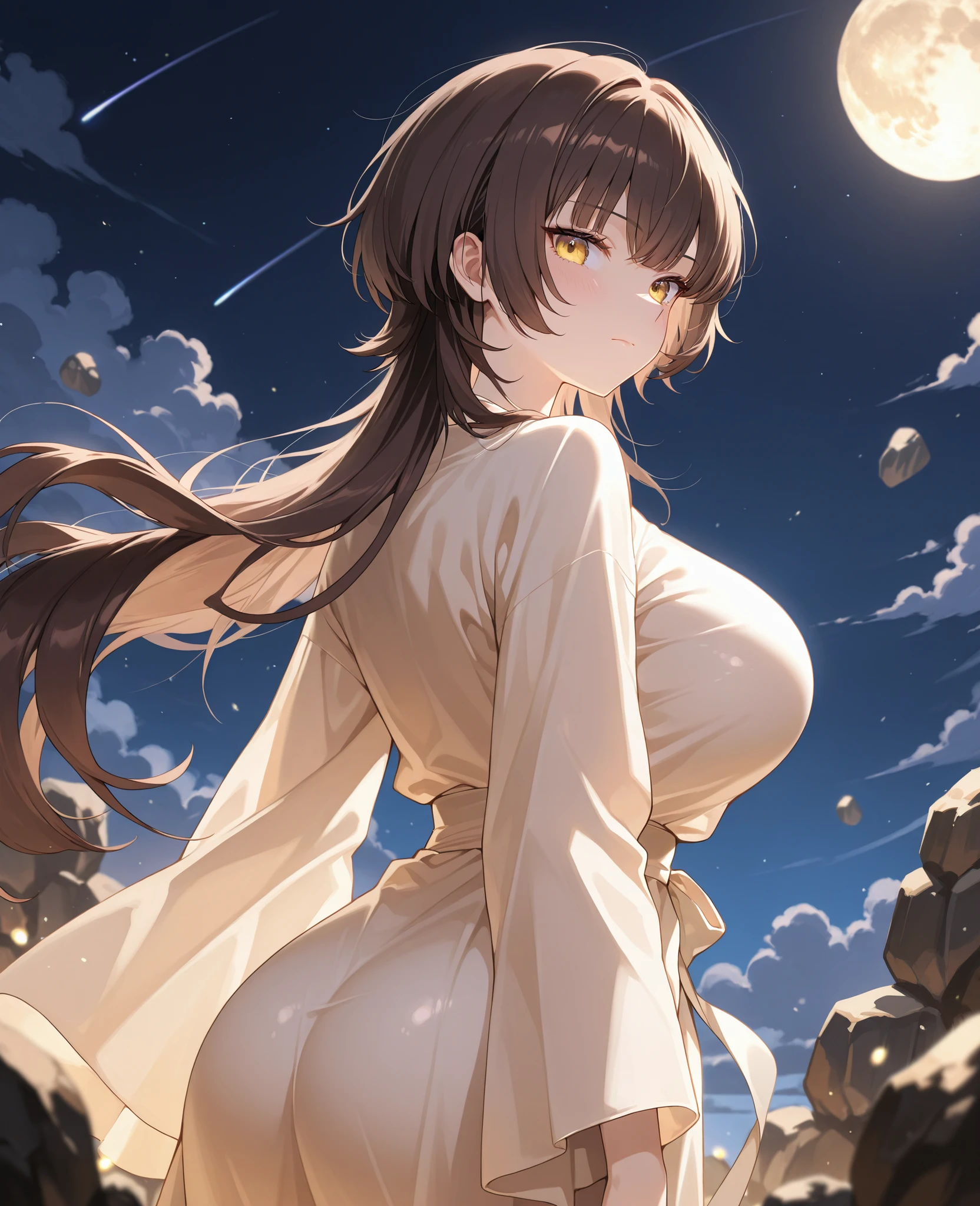 (Best Quality, masterpiece), (1 girl, Alone,brown robe, expression face, looking away, Session, wide sleeves, black eyes, Closed mouth, fire in the form of a headband, by the wide, cowboy shot), (monochrome, Night sky at the cave entrance , light rising from below, inside the cave, bright floating pile of white particles, burning fire in hand, floating many small fires), Asuka - Senran Kagura 8K, Best Quality, (photorealistic:1.4), raw photo, (curved body), (curved thighs), (huge breasts, perky breasts:1.4),
