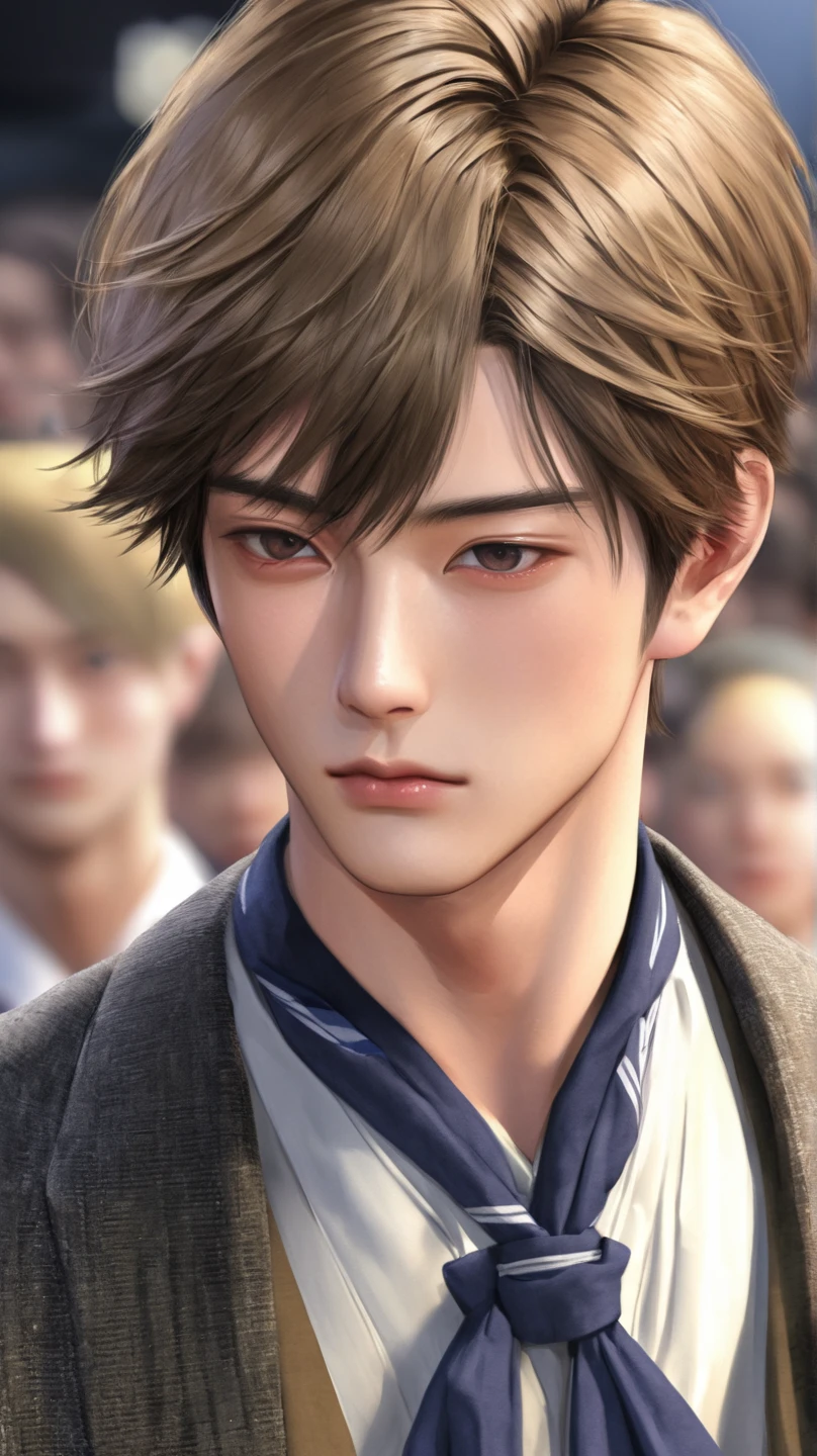 ((photorealism:1.2),  very Handsome japanese man, 22-27 year-old, fashion model, fall season European causel wear with neckerchief, on the runway, close up 