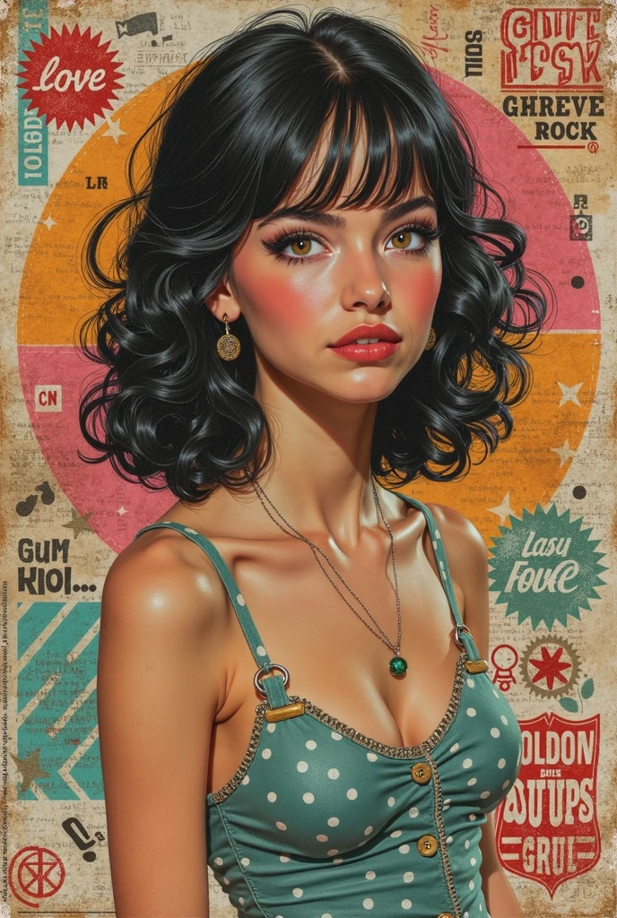 create a retro collage with a girl and captions "love", "rock", "chewing gum"