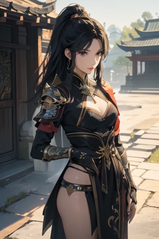 (masterpiece:1.3, Highest quality, Ultra-high resolution, Very detailed), (Realistic, photoRealistic:1.4), Perfect lighting, colorful, Written boundary depth, Browsing Caution, Surrealism,Beautiful detailsまでこだわった髪, Beautifully detailed face、Beautiful details, Perfect Face, Perfect ???????, Long necked supermodel,((Skinny 1.3)),Looking into the camera,(Perfect ???????),((beautiful girl:1.1)),(( Large Breasts: 1.3 )),(Medium Hair:1.2, Wavy Hair:1.2, Black Hair) ,Dainty facial structure、With fox ears on the head、It has a fox's tail on its butt.、Sengoku period、battlefield、battle、Female Samurai、Maid、armor、Battle attire、Japanese sword、Sword in both hands、nine tailed fox、Old Townscape、Old Japan、Sunset、Show whole body、Whole body、Facing forward
