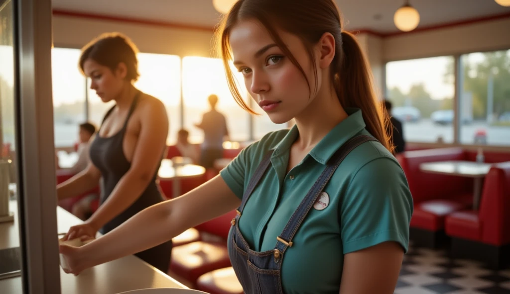 create a prompt of a beggar asking for food in an ultra-realistic cafeteria 16:09, for two beautiful women --auto --s2